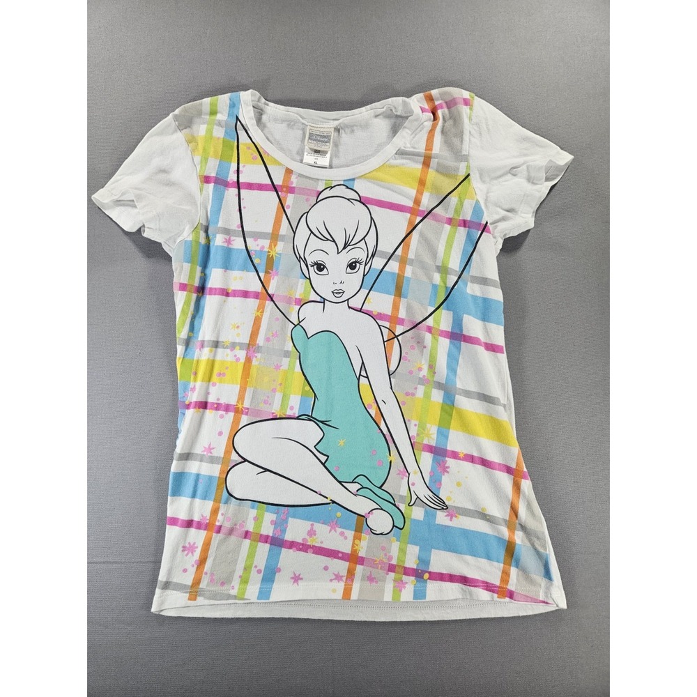 Disney Tinker Bell Plaid Graphic Tee Colorful Tartan Neon Shirt Junior XL Y2K